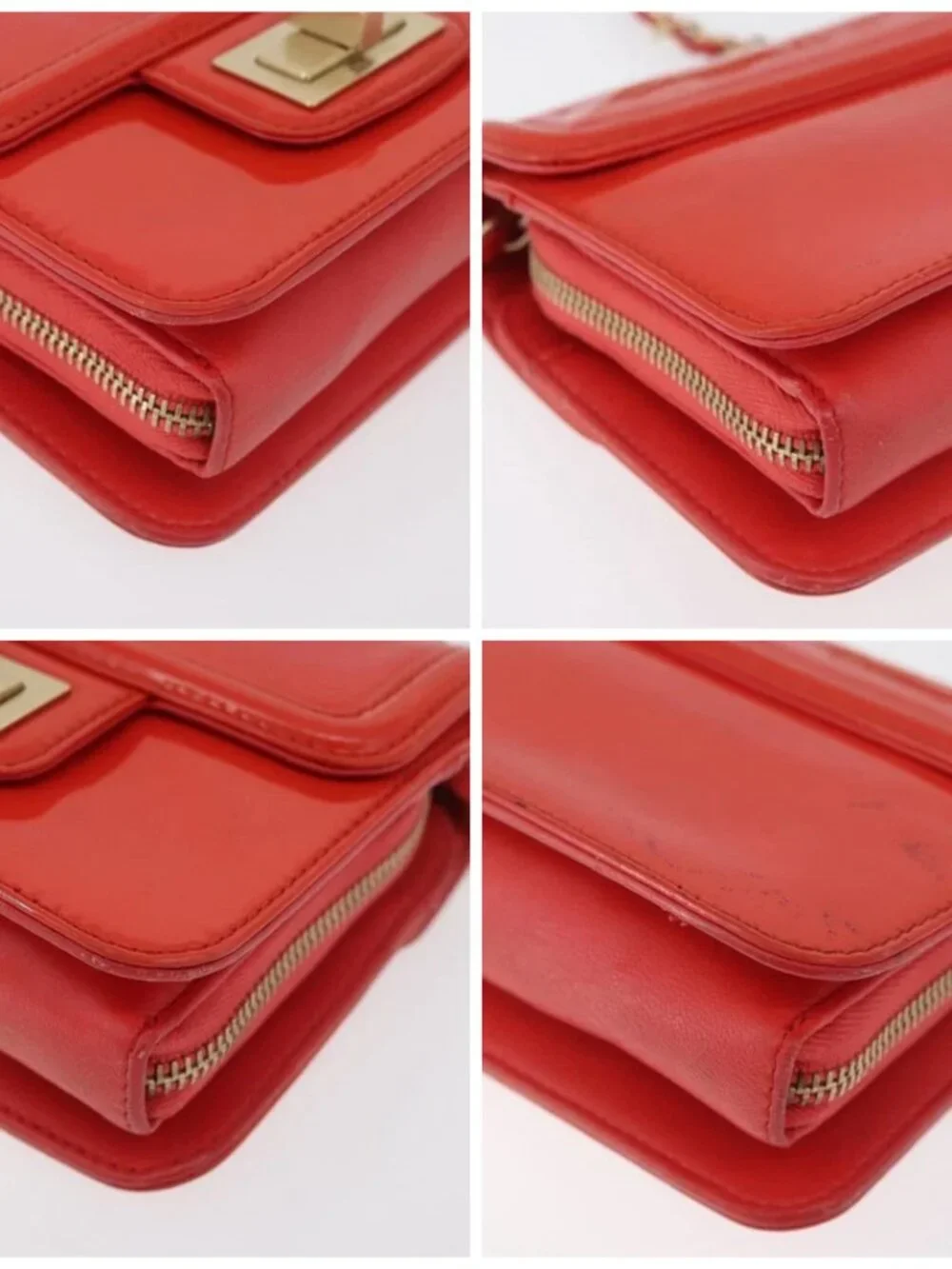 CHANEL Chain Shoulder Wallet Patent leather Orange Gold CC Auth 130637